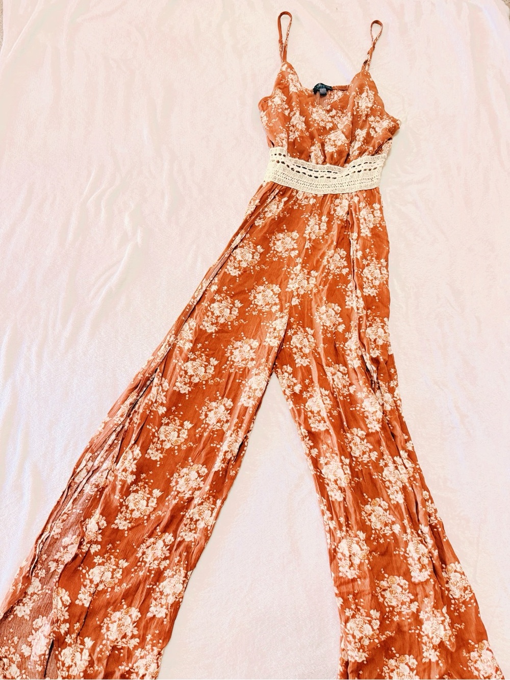 Rust Floral Spaghetti-Strap Jumpsuit with Crochet Waist